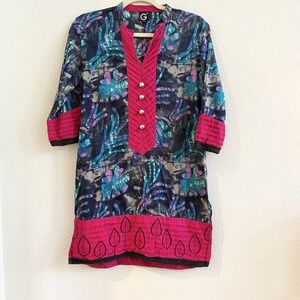 G2 Fushia Blue‎ Pink Embroidered Hem Tunic Cotton Size 12 Button Decor Dress